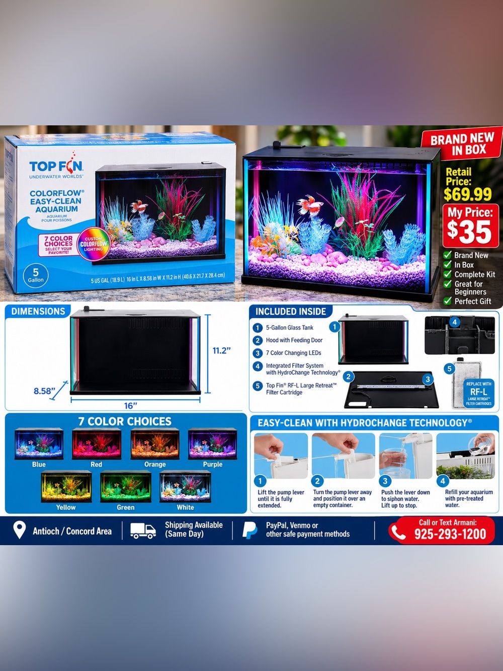 Top Fin 3-Gallon ColorFlow Easy-Clean Aquarium – Brand New – $35